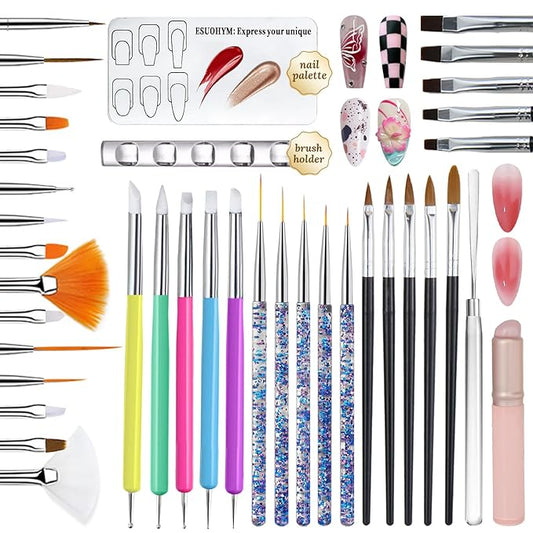 39 PCS Nail Art Brushes Set,Nail Art 3D Sculpting Pen Dotting Tools,Ombre Silicone Brush,Liner Brushes,Acrylic Brushes,Nail Art Palette with Gel Mixing Rod,Nail Design Kit for Home Diy & Salon-BrightBean Baby