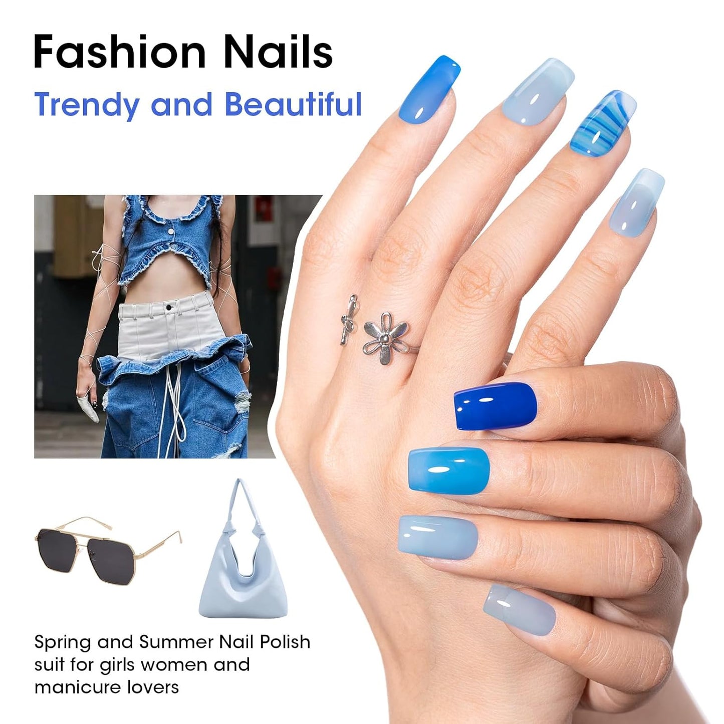 Gellen Blue Jelly Nail Polish, Sheer Nail Polish Quick Dry Summer 6 Colors Blue Glitter Set, Natural Traditional Regular Nails Polish for Acrylic Natural Nails Home Salon, No Gel, Hema Free, Non-toxic-BrightBean Baby