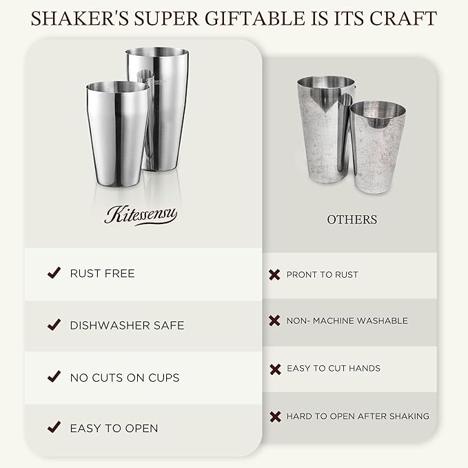 KITESSENSU Cocktail Shaker Set, 2-Piece Boston Shaker Set for Drink Mixing, Premium 18/8 Stainless Steel Martini Shaker for Bartending and Home Bar - 18oz & 28oz, Recipes Booklet Included, Silver