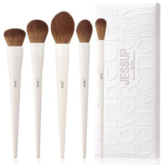 Jessup Makeup Brush Set 5Pcs Face Makeup Brushes Vegan Soft Foundation Brush Blush Brush Bronzer Contour Brush Highlighter Brush Fluffy Setting Powder Brush, Light Grey T493-BrightBean Baby