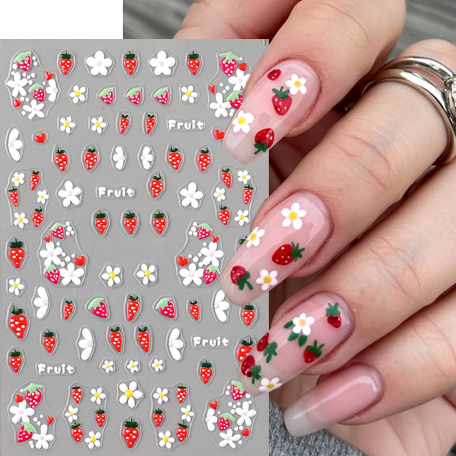5 Sheets Autumn Winter Flower Nail Art Stickers 3D Self-Adhesive Nails Stickers Floral Strawberry Daisy Pattern French Tip Design Wine Red Brown Blue Gold 3D Decals Women DIY Nail Art Decoration-BrightBean Baby