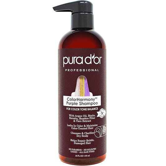 PURA D'OR 16 Oz ColorHarmony Purple Shampoo For Bleached, Blonde, Silver & Color Treated Hair - Keratin, Bamboo Fiber, No Sulfates, Select Natural Ingredients - Men & Women-BrightBean Baby