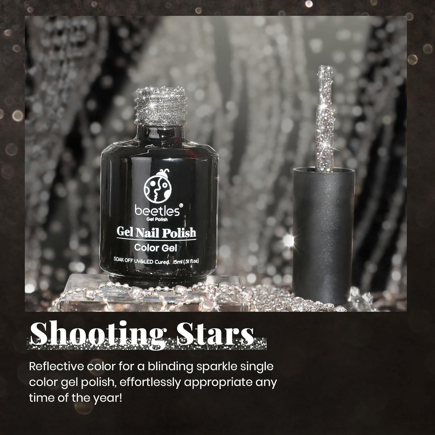 Beetles Black Gel Nail Polish, 1Pcs 15ML Glitter Gel Nail Polish Black Sparkle Reflective Shimmer Color Soak Off UV Lamp Disco Nail Art Manicure Salon DIY at Home Gifts for Her-BrightBean Baby