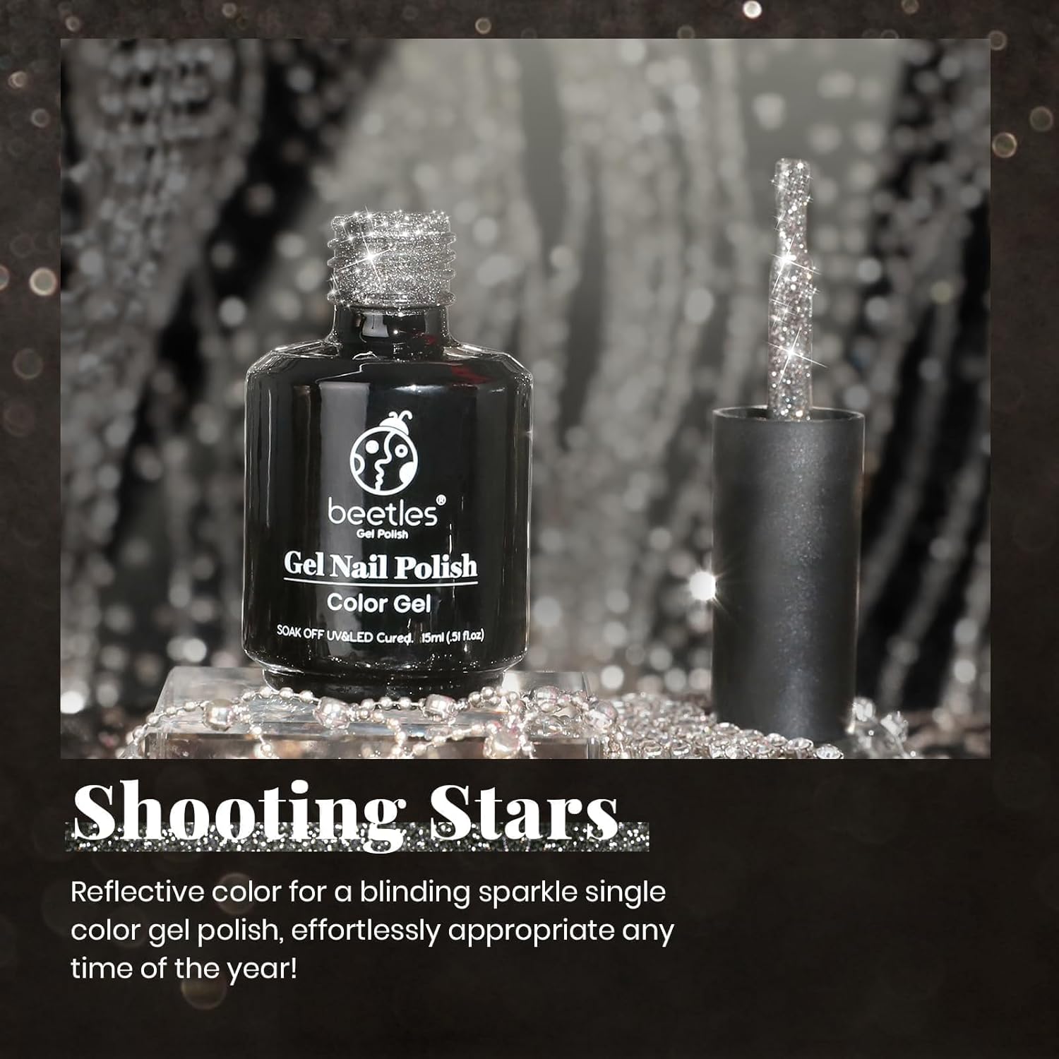 Beetles Black Gel Nail Polish, 1Pcs 15ML Glitter Gel Nail Polish Black Sparkle Reflective Shimmer Color Soak Off UV Lamp Disco Nail Art Manicure Salon DIY at Home Gifts for Her-BrightBean Baby