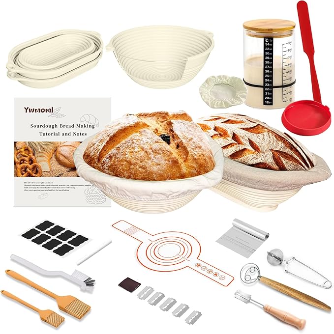 Sourdough Starter Kit, 26PCS Sourdough Bread Baking Supplies, Including a Sourdough Starter Jar (34OZ), Silicone Banneton Bread Proofing Basket Set of 2 (Yellow wood, Oversized glass mouth)