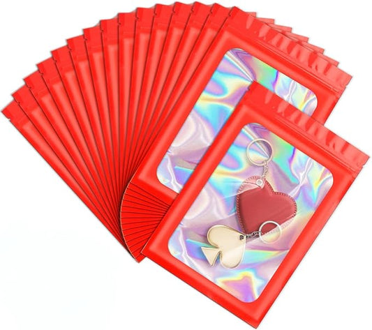 ANZNKU 100 Pcs Smell Proof Mylar Resealable Bags, Holographic Packaging Bags, Resealable Odor Foil Pouch Zip Bags with Clear Window for Food Storage and Lipgloss, Jewelry Lash (Red, 3.9 x 7.1 Inch)-BrightBean Baby