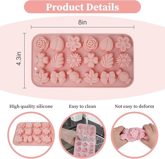 2 Pcs Flower Candy Silicone Molds, Different Shapes Of Chocolate Molds, Suitable for Making Candy, Chocolate, Fudge, Pudding, Cookies, Ice Cubes(Pink)