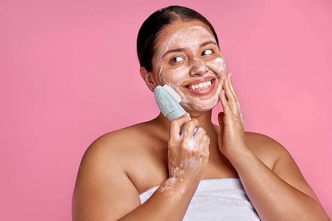 LOLLIPOP Dual-Sided Facial Cleansing Brush | Handle Size Silicone Face Exfoliator and Soft Fiber Cleanser | Manual Face Scrubber for Pores, Makeup Removal, Blackhead and Skincare Routine, Oceanic-BrightBean Baby