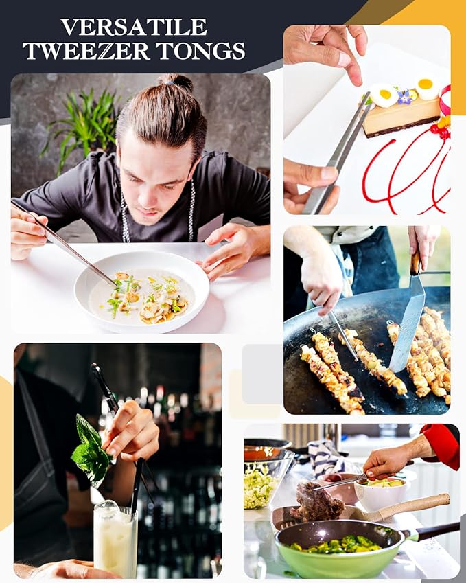 2 Pcs 12-inch Cooking Tweezers Tongs Precision Serrated Tips, Stainless Steel Professional Chef Tweezer Kitchen Tools for BBQ, Plating and Serving（Silver）