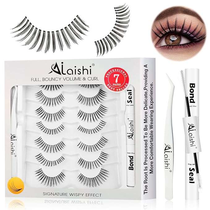 Wispy False Eyelashes Kit With Bond, Seal and Tweezer, 7 Pairs Natural Look Fake Cat Eye Lashes Strips Thin Band Extensions Waterproof Easy Eyelashes for Beginners DF99#-BrightBean Baby