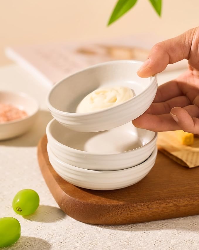 famiware Pluto Soy Sauce Dishes of 6, 3 oz Dipping Sauce Cups/Bowls/Dishes for Kitchen, Ceramic Small Bowls for Side Dish, Appetizers, Snacks, and Sushi, Reactive Glaze, Matte White