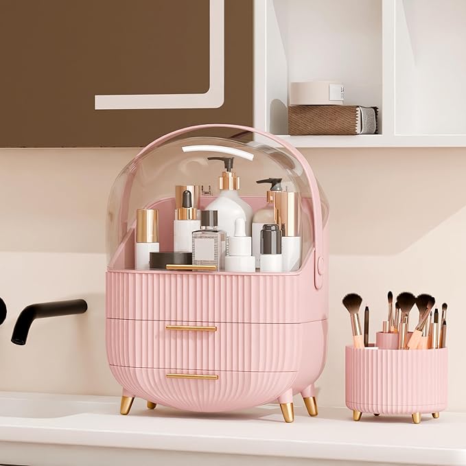 Makeup Organizers and Storage Make up Organizer for Vanity Cosmetics Skincare With Lid and Drawers Display Cases for Countertop Bathroom Women Teenager Girl Gifts(Pink+Brush Holder)-BrightBean Baby
