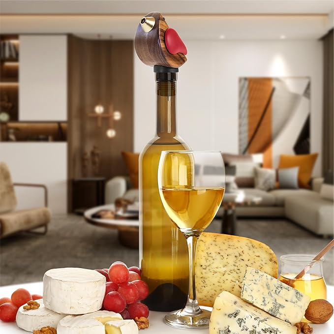 Songbird Specialties Wine Bottle Pourer, Fun Wine Pourer Spout Sings While It Pours, Airtight Wine Bottle Sealer, Acacia Wood with Red Wings