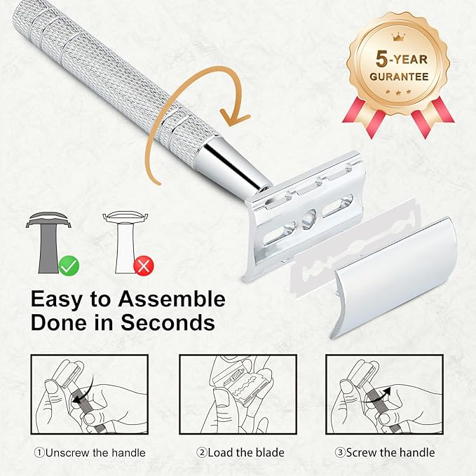 Double Edge Safety Razor with Stand, Single Blade Razors for Men and Women, Metal 1 Blade Razor, with 10 Platinum Coated Stainless Steel Double Edge Blades, Smooth and Close Shave, Silver-BrightBean Baby