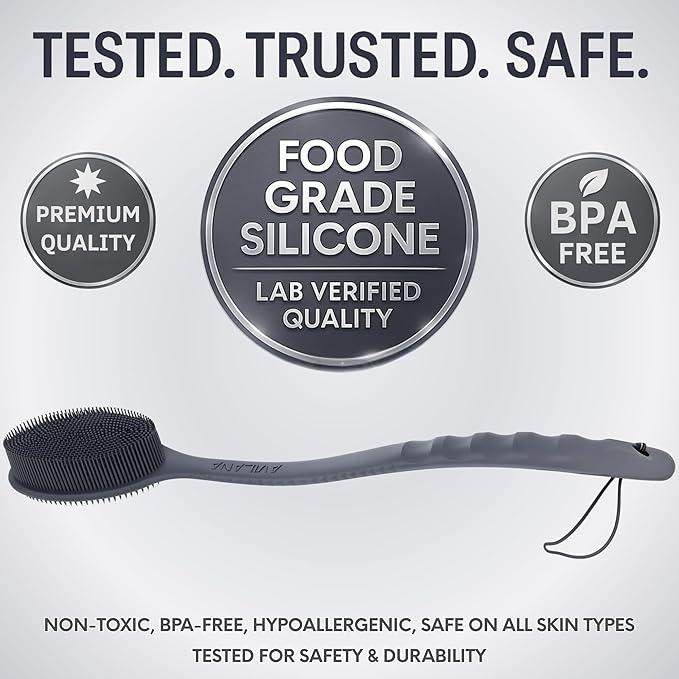 Avilana Silicone Body Scrubber – Gentle Shower Brush & Loofah Alternative- Food Grade & Lab Tested – Fast-Drying, Hygienic, BPA-Free Silicone Body Gentle Exfoliator (Dark Gray, Long Handle)-BrightBean Baby