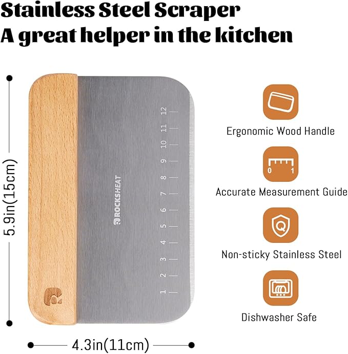 Bench Scraper & Chopper, Stainless Steel Dough Cutter with Wooden Handle, Thick Sharp Blades Pizza Bread Cutter, Multipurpose Kitchen Tool for Baking Cooking