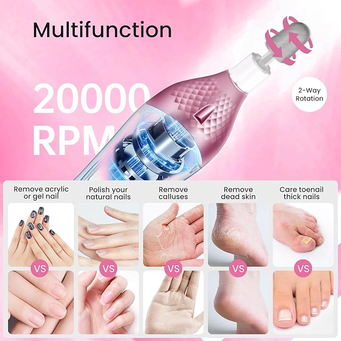 36-Piece Professional Manicure Pedicure Kit-Cordless Electric Nail File Kit,20000RPM, 11Pcs Bits,4 Speed,Rechargeable Pedicure Tool for Feet,Hand Foot Care Nail Drill Tool for Nail Grind Trim Polish-BrightBean Baby