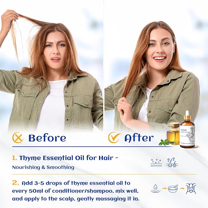 HIQILI 3.38 Fl Oz Thyme Essential Oil, 100% Pure Undiluted for Hair, Skin, Diffuser, Aromatherapy, Includes 10ML Travel Bottle - 100ML-BrightBean Baby
