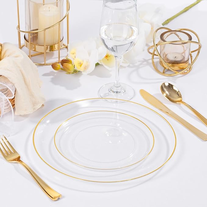 bUCLA 100PCS Clear and Gold Plastic Plates - Clear Disposable With Gold Rim Include 50 Each (10 inch Dinner & 7 inch Dessert) Plates, Ideal for Party & Thanksgiving