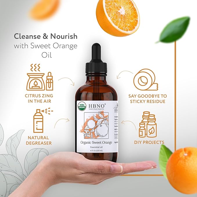 HBNO Organic Orange Essential Oil - Huge 4 oz (120ml) Value Size - USDA Certified Organic Orange Essential Oil, Cold Pressed for Aromatherapy, Soap Making, DIY, Diffuser-BrightBean Baby