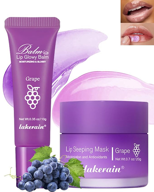 2Pcs Lip Glowy Balm & Lip Sleeping Mask Set,Hydrating Nourishing Repair Sleeping Lip Mask,Glossy Tinted Lip Balm,Day & Night Smooth Cracked Chapped Dry Lip,Lip Care Therapy Treatment for Women-04Grape-BrightBean Baby