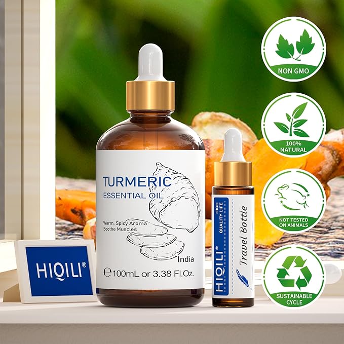 HIQILI 100ML Turmeric Oil for Face Skin Care, Aromatherapy,100% Pure, Use After Dilution- 3.38 Fl Oz-BrightBean Baby