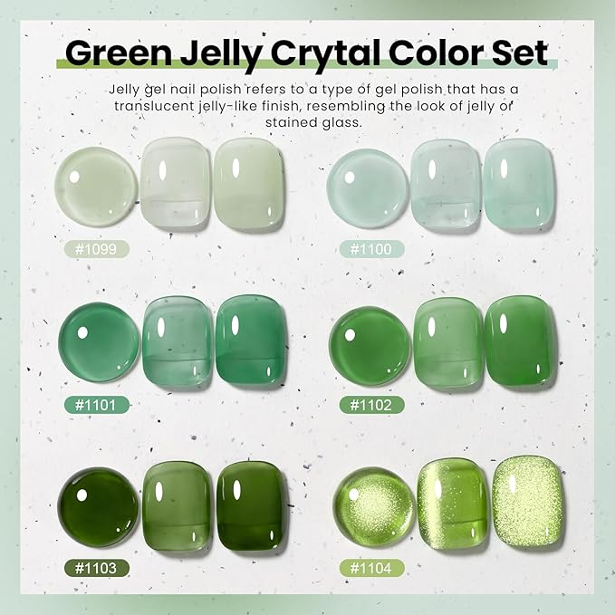 RARJSM Green Jelly Glass Gel Nail Polish Set 6pcs Clear Crytal Army Dark Jade Sage Green Transparent Sheer Amber Series Milky Diamond Cat Eye Gel Varnish LED UV Curing Requires-BrightBean Baby