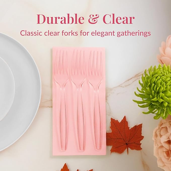 Prestee Clear Plastic Forks 100 Count - Heavy Duty Disposable Forks, Crystal Clear Silverware, Durable Plastic Utensils for Parties, Events, and Catering - Bulk Flatware Set for Any Occasion