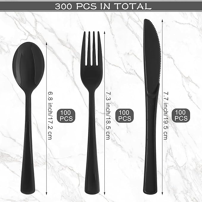 300 Pieces Black Plastic Silverware Heavy Duty Plastic Cutlery Set Heavyweight Disposable Flatware Includes Spoons Forks Knifes for Birthday Party Prom Night Wedding Dinner