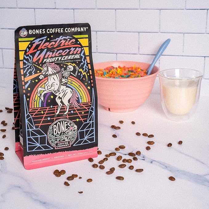 Bones Coffee Company Electric Unicorn, Fruity Cereal With Milk Flavored Coffee, Medium Roast Low Acid Arabica Beans Compatible with Auto drip and French Press Coffee Maker, 12 Oz Ground