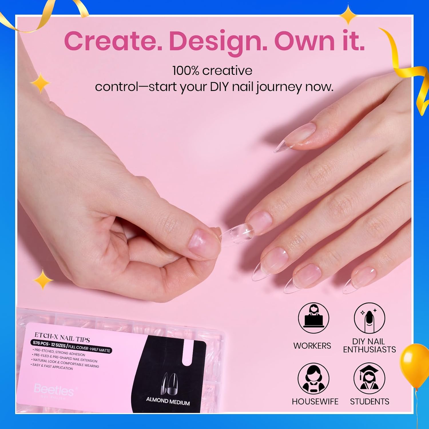 Beetles Medium Almond Nail Tips 576pcs 12 Sizes, Pre-Etched Soft Gel Nail Tips Half Matte Full Cover False Nail Tips Clear Acrylic Nails Glue on Nails DIY Nail Extension Gift for Women-BrightBean Baby