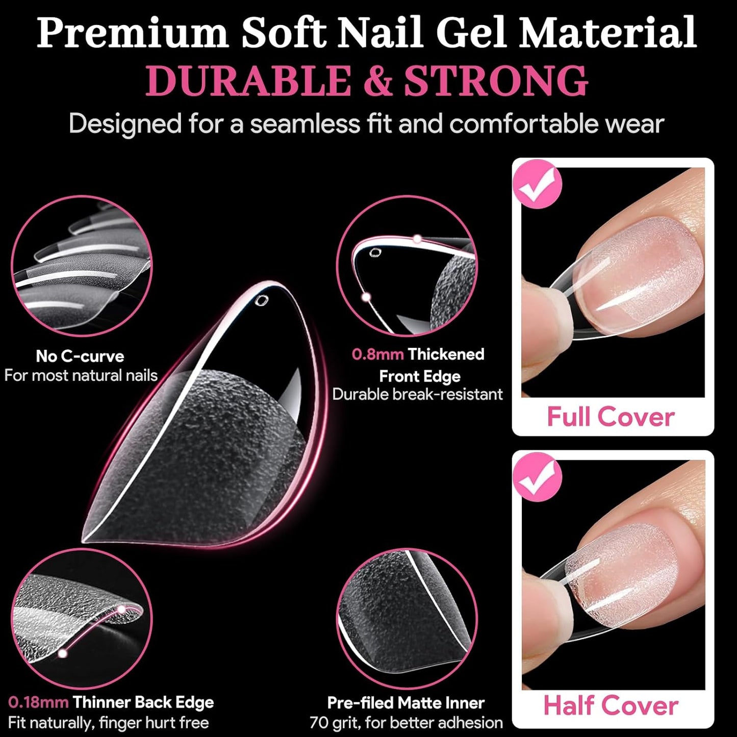 Short Almond False Nail Tips, 15 Sizes 510 PCS Clear Soft Press On Fake Nail Pre-shaped Half Matte Full Cover Gel Nail Tips Extensions Strong Thick Long Lasting for DIY Beginners & Salon Manicure-BrightBean Baby