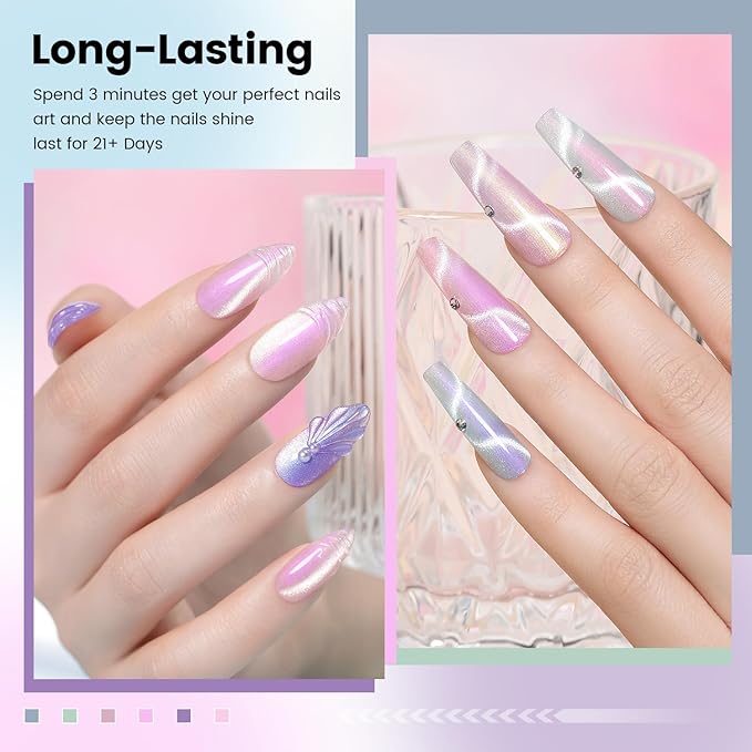 RARJSM Sparkle Diamond Pearl Cat Eye Gel Nail Polish Set 6pcs Velvet Silver Shimmer Pink Green Blue Purple White Glitter Mermaid Swirl Shell Thread Effect with Magnet Stick UV LED Curing Requires-BrightBean Baby