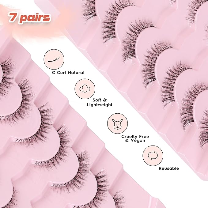 Cat Eyelashes Natural Eye Lashes 12mm False Lashes Wispy Thin Band 3D Volume Fake Eyelash C Curl Lash Pack Natural Look 7 Pair-BrightBean Baby