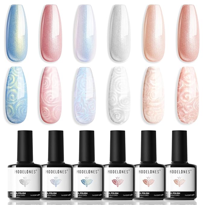 modelones Pearl Gel Nail Polish, 6 Colors Shimmer Glitter Iridescent White Nude Blue Pink Mermaid Nail Drawing Soak Off Gel Polish Swirl Shell Thread Effect Gift DIY at Home with Dotting Pen-BrightBean Baby