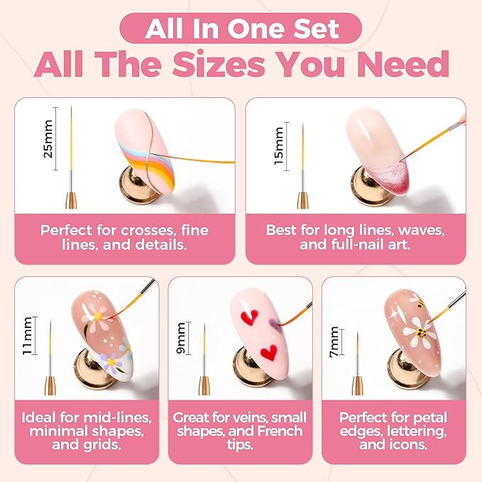 UNA GELLA Nail Art Brushes Metallic, 5 Count Liner Pens Set For Nail Art Gel Polish, Detail Nail Art Design Painting Brush Set For Nails Gel Fine Drawing Nail Tools, Sizes 7/9/11/15/25mm-BrightBean Baby