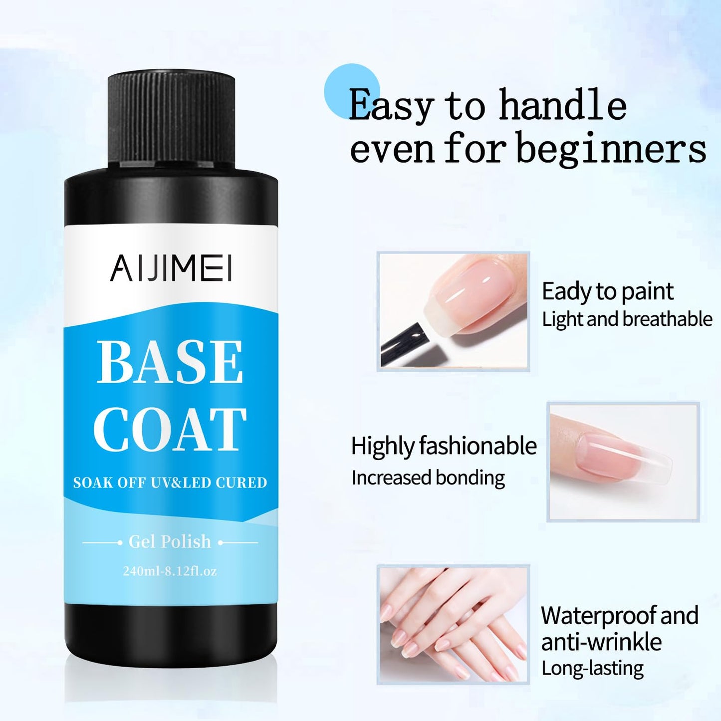 AIJIMEI 240ml Base Coat Quick Dry Gel BaseCoat for Nails Gel Nail Polish Base Coat for Home DIY LongLasting 8 Fl Oz-BrightBean Baby
