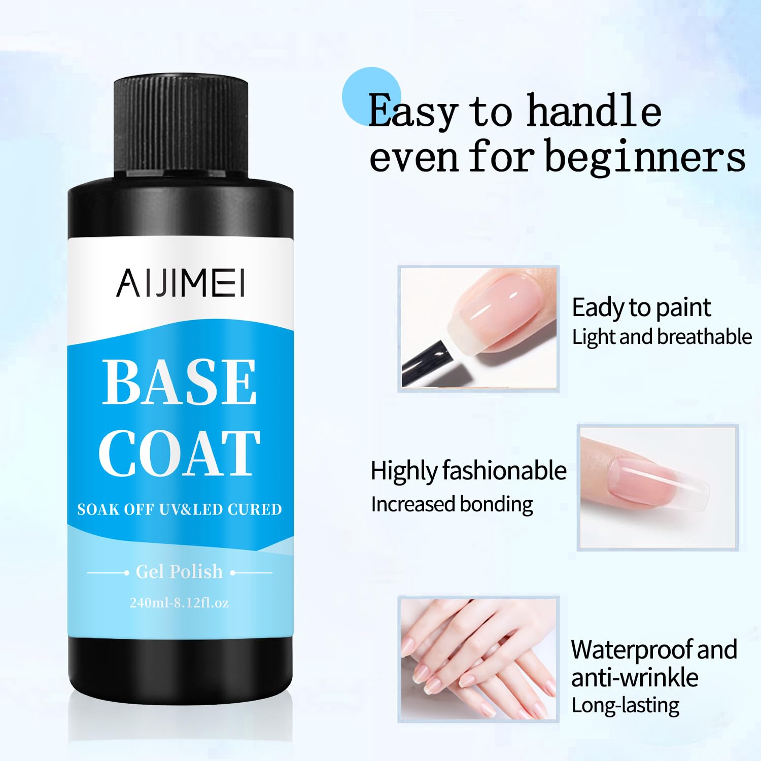 AIJIMEI 240ml Base Coat Quick Dry Gel BaseCoat for Nails Gel Nail Polish Base Coat for Home DIY LongLasting 8 Fl Oz-BrightBean Baby