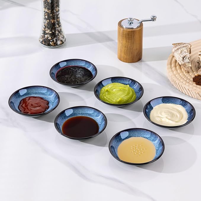 LERATIO Ceramic Soy Sauce Dishes of 6, Reactive Glaze Dipping Sauce Cups/Bowls/Dishes for Kitchen, 3oz Ceramic Small Bowls for Side Dishes, Snacks,and Sushi,Condiment,Dishwasher Safe -Blue