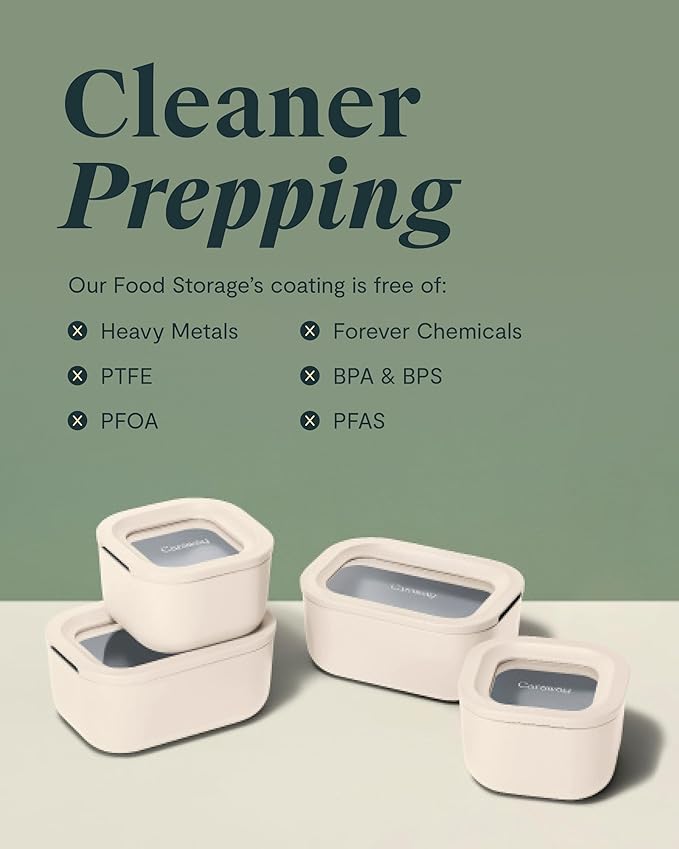 Caraway 2pc Glass Food Storage Set - 2.6 Cup Food Containers (2) - Non-Toxic Ceramic-Coated Glass - Air Release Technology - Compact & Stackable Design - Sage