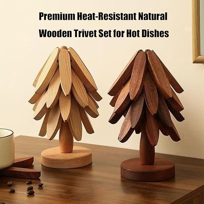 Natural Wood Tree Trivet Set, 𝐍atural Tree Trivet Set - 4 Wooden Trivets,4 Wooden 𝐓rivets & 1 Stand Like a Christmas Trees,for Hot Dish,Pot,Bowl,Teapot,Hot Pot Sets (Walnut Finish 4 Trivets,2set)