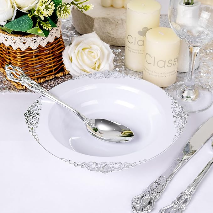 100PCS Silver Plastic Bowls - 12 oz Silver Disposable Salad Bowls - Heavy Duty Disposable Soup Bowl - Fancy Plastic Ice Cream Bowl for Weddings Parties Dinners Picnics