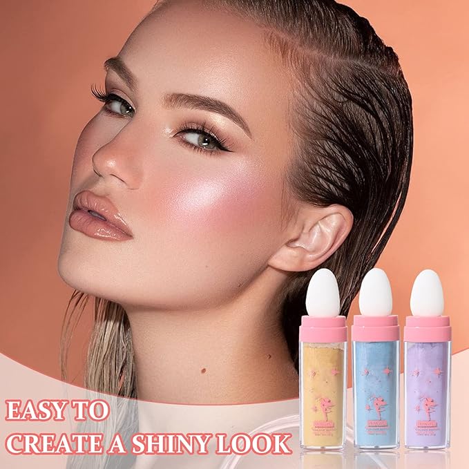 3PCS Polvo De Hadas Highlighter Glitter Stick Body Glitter Shimmer Face Brightening Highlighter Contour Powder Makeup Stick Face Blusher Fairy Glitter Highlighter Makeup - Blue,Yellow,Purple-BrightBean Baby