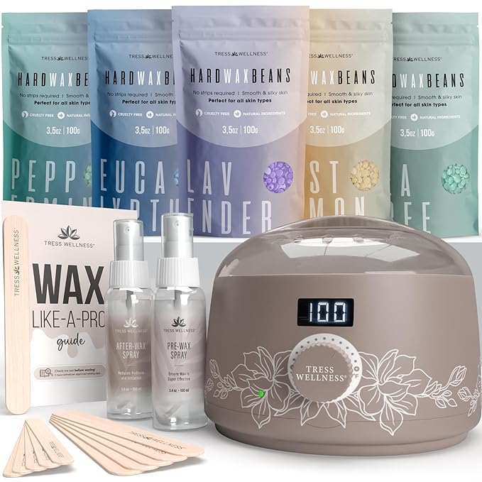 Tress Wellness Waxing Kit for Sensitive Skin – Safe for Face & Skin, Prep & Aftercare Spray, Easy to Use – At-Home Kit for Face, Bikini, Brazilian & Full Body - Digital Display, Dusty Chocolate-BrightBean Baby