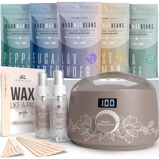 Tress Wellness Waxing Kit for Sensitive Skin – Safe for Face & Skin, Prep & Aftercare Spray, Easy to Use – At-Home Kit for Face, Bikini, Brazilian & Full Body - Digital Display, Dusty Chocolate-BrightBean Baby