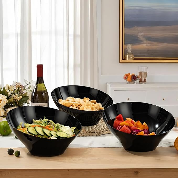 BESTVIP 54oz Black Plastic Serving Bowls for Party - 12 Pack Angled Disposable Serving Bowls, Party Bowls for Chips, Snacks, Fruit, Salad - Catering Bowls for Daily Use, Parties,Halloween, Christmas