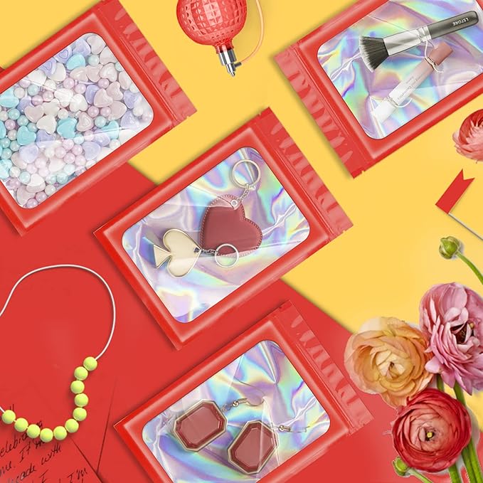 100 Pieces Smell Proof Mylar Resealable Bags, Holographic Packaging Bags, Resealable Odor Foil Pouch Zip Bag with Clear Window for Food Storage and Lipgloss, Jewelry Lash (Red, 3.5 x 6.3 Inch)-BrightBean Baby