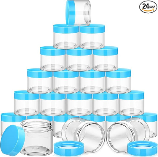 SATINIOR 24 Pieces Empty Clear Plastic Jars with Lids Round Storage Containers Wide Mouth for Beauty Product Cosmetic Cream Lotion Liquid Butter Craft and Food(Blue Lid,2 oz)-BrightBean Baby