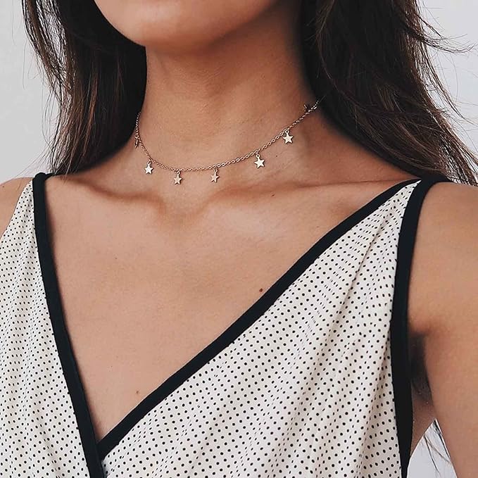Bohemia Star Necklace Star Dangle Choker Necklace Gold Stars Short Necklace Minimalist Star Tassel Chain Necklace Jewelry for Women and Girls-BrightBean Baby