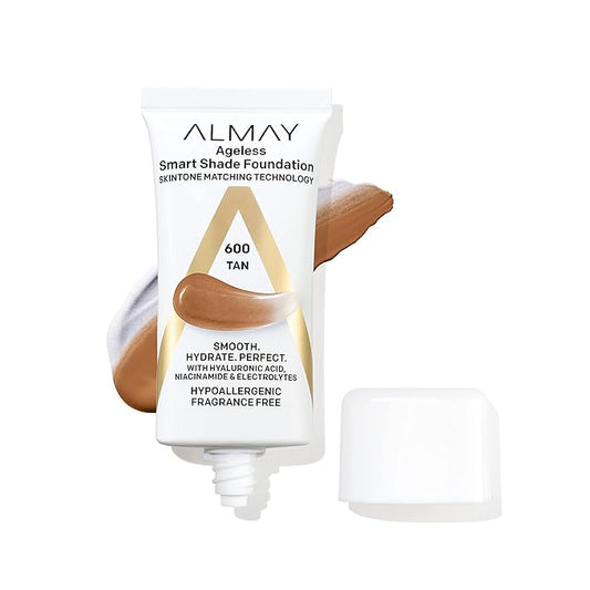 Almay Anti-Aging Foundation, Smart Shade Face Makeup with Hyaluronic Acid, Niacinamide, Vitamin C & E, Hypoallergenic-Fragrance Free, 600 Tan, 1 Fl Oz (Pack of 1)-BrightBean Baby